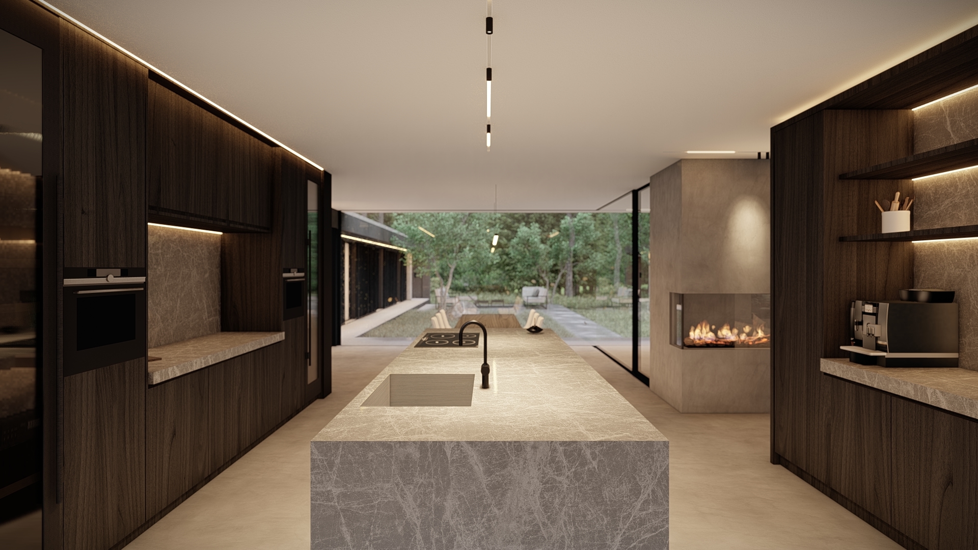 moderne verbouwing, bungalow renovatie, minimalistisch interieur keuken, modern interieur keuken, strak keuken interieur, interieurarchitectuur, marmer interieur, beton interieur