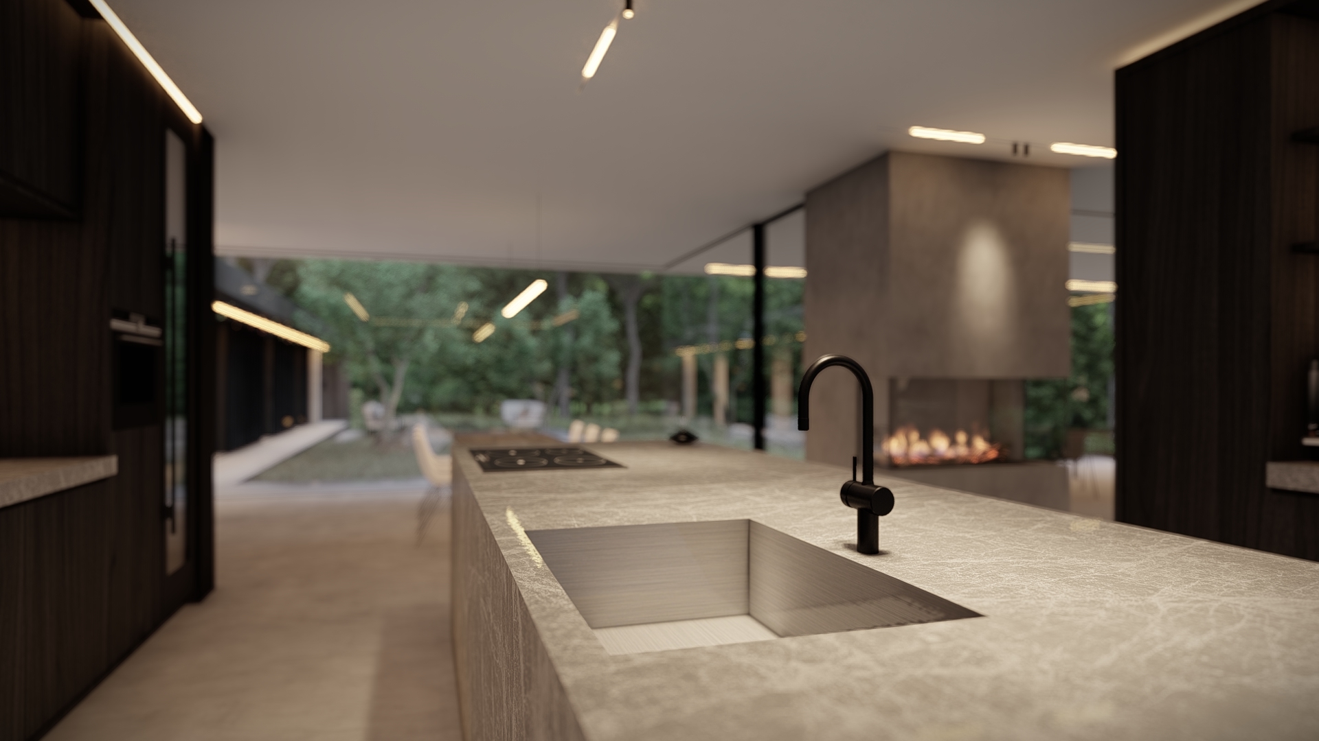 moderne verbouwing, bungalow renovatie, minimalistisch interieur keuken, modern interieur keuken, strak keuken interieur, interieurarchitectuur, marmer interieur, beton interieur