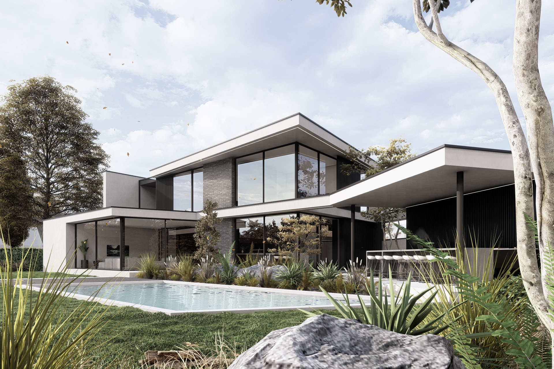 Exterieur van Timber House Beegden – moderne villa met houten kern verpakt in betonnen schil, strakke geometrische volumes, grote glaspartijen en patio, ontworpen door STATE of Architecture