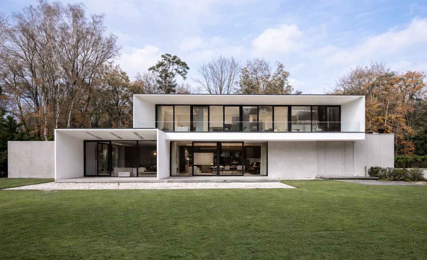 Villa met strakke lijnen tuin helder transparant glas wit beton